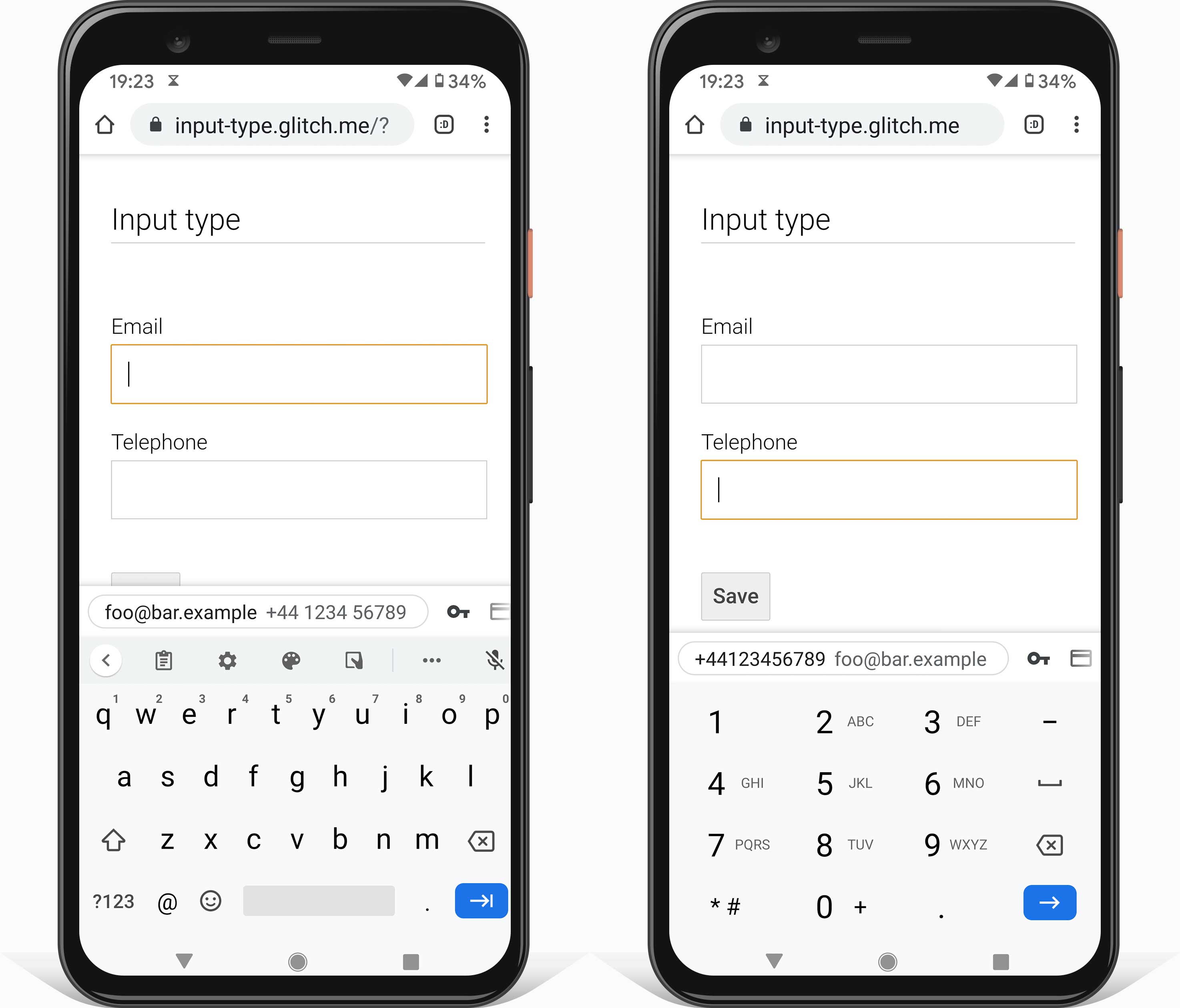 2 ekrany z telefonów z Androidem, na których widać klawiaturę do wpisywania adresu e-mail (za pomocą typu type=email) oraz numeru telefonu (za pomocą typu type=tel).