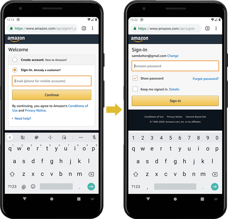 Captura de tela de um formulário de login no site da Amazon: e-mail/telefone e senha em duas "páginas" separadas.