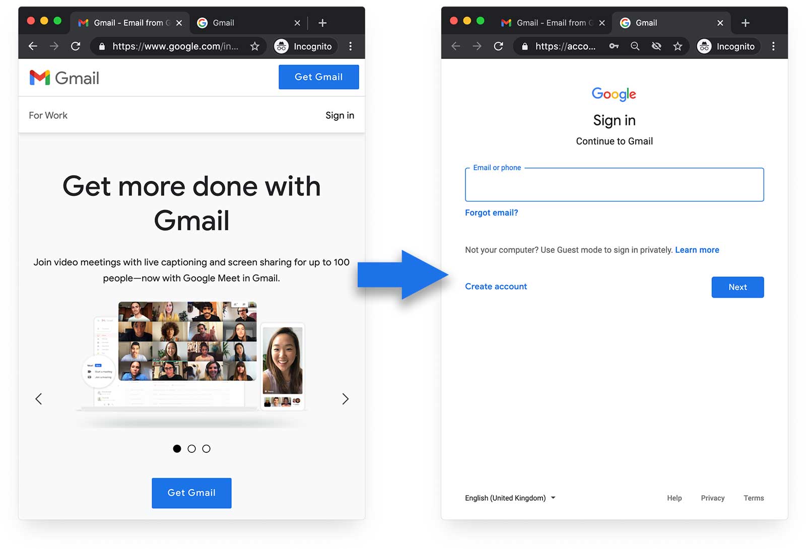 Gmail oturum açma sayfasının ekran görüntüsü: Oturum aç düğmesini gösteren bir sayfa. Tıklandığında, hesap oluşturma bağlantısının da bulunduğu bir forma yönlendirir.
